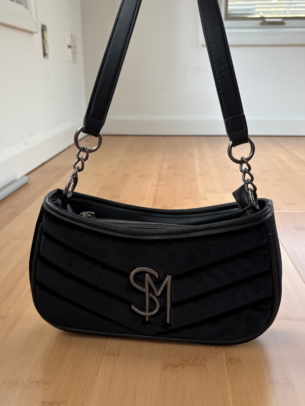 Steve Madden Black Velvet Shoulder Bag with SM Logo